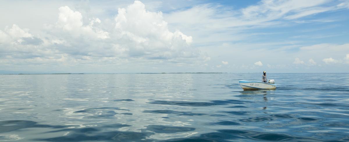 Fisher standing on a boat in the distance